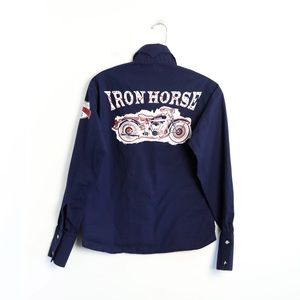 Alan Cameron Grin’s Vintage Rodeo Western Iron Horse women’s shirt navy blue L